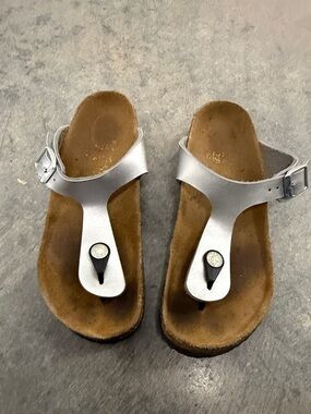 Birkenstock Silver T-Strap Kids Sandals